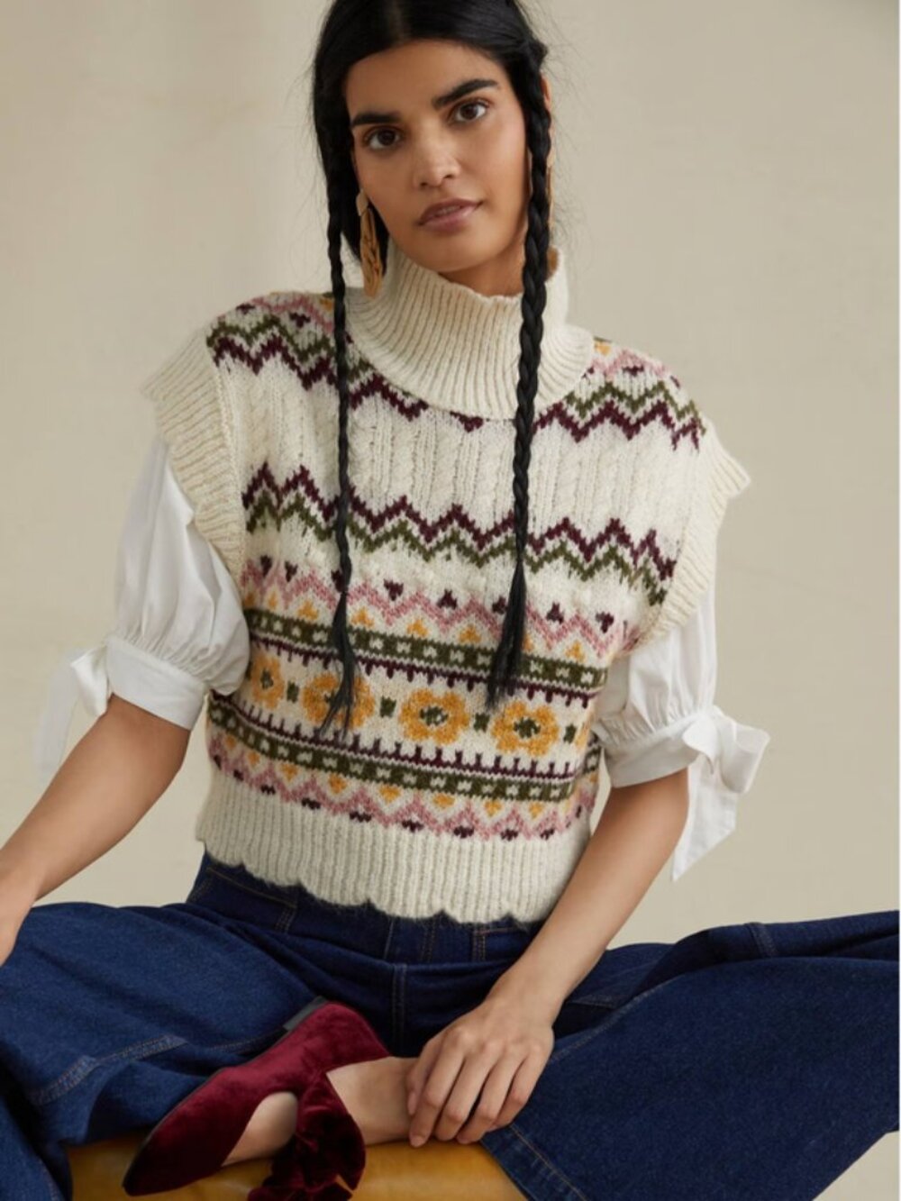 Zara | Fair Isle Turtleneck Sweater Vest Chunky Knit | Size Small